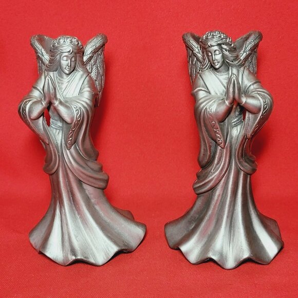 Vintage Metal Pewter Praying Angel Candle Stick Holder Set of 2